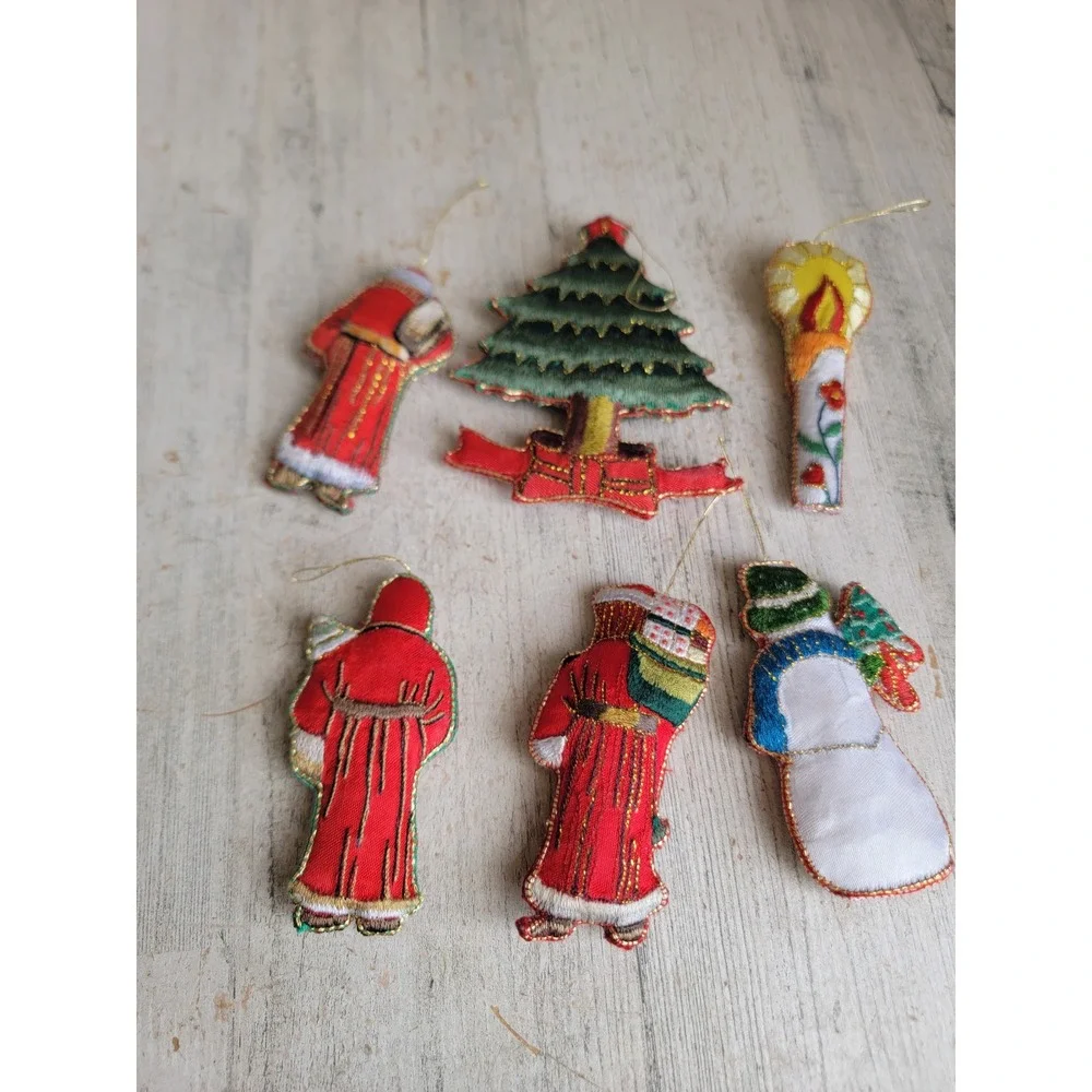 Vintage embroidered Santa Claus tree candle ornament Snowman Xmas set